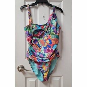 NWT Bleu Rod Beattie Ruched Asymmetrical Strap Swimsuit Blue Floral sz 10